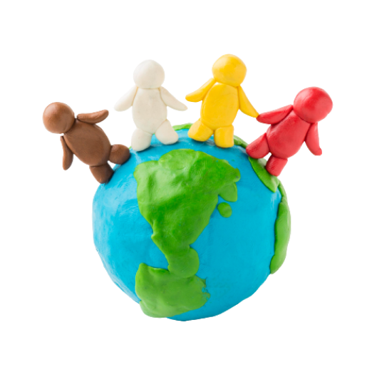 Front view of plasticine earth globe with people